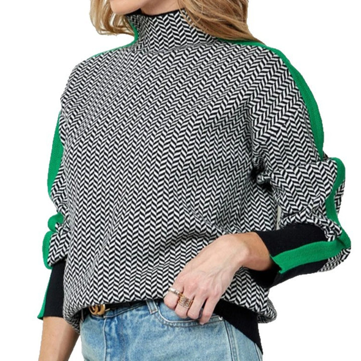 Damen Feinstrickpullover mit geometrischem Jacquardmuster, Stehkragen und Kontrastband – Mavelle