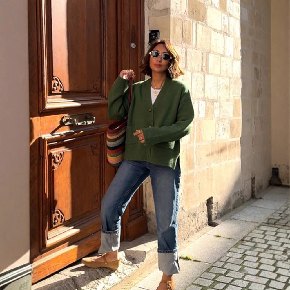 Damen Oversize-Strickcardigan mit Zierknopfleiste, aufgesetzten Taschen und verlängerten Bündchen Echoarchiv
