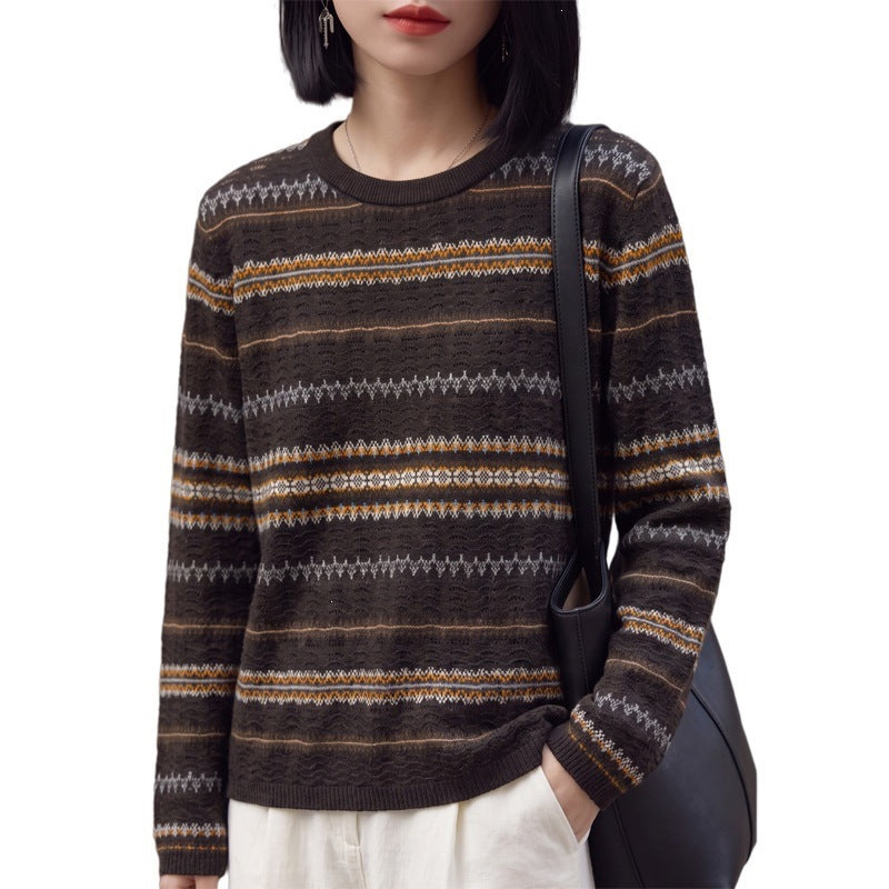 Damen Leichter Fair‑Isle Feinstrickpullover mit Rundhalsausschnitt und feiner Streifenstruktur Echoarchiv