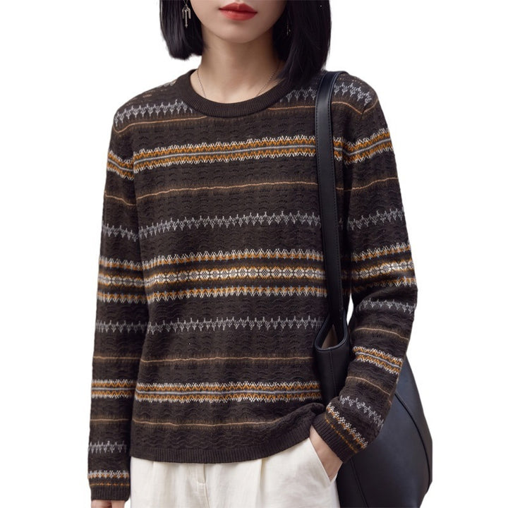 Damen Leichter Fair‑Isle Feinstrickpullover mit Rundhalsausschnitt und feiner Streifenstruktur Echoarchiv