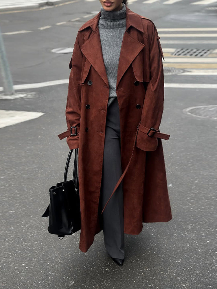Damen langer Trenchcoat aus Veloursimitat mit doppelter Knopfleiste Echoarchiv