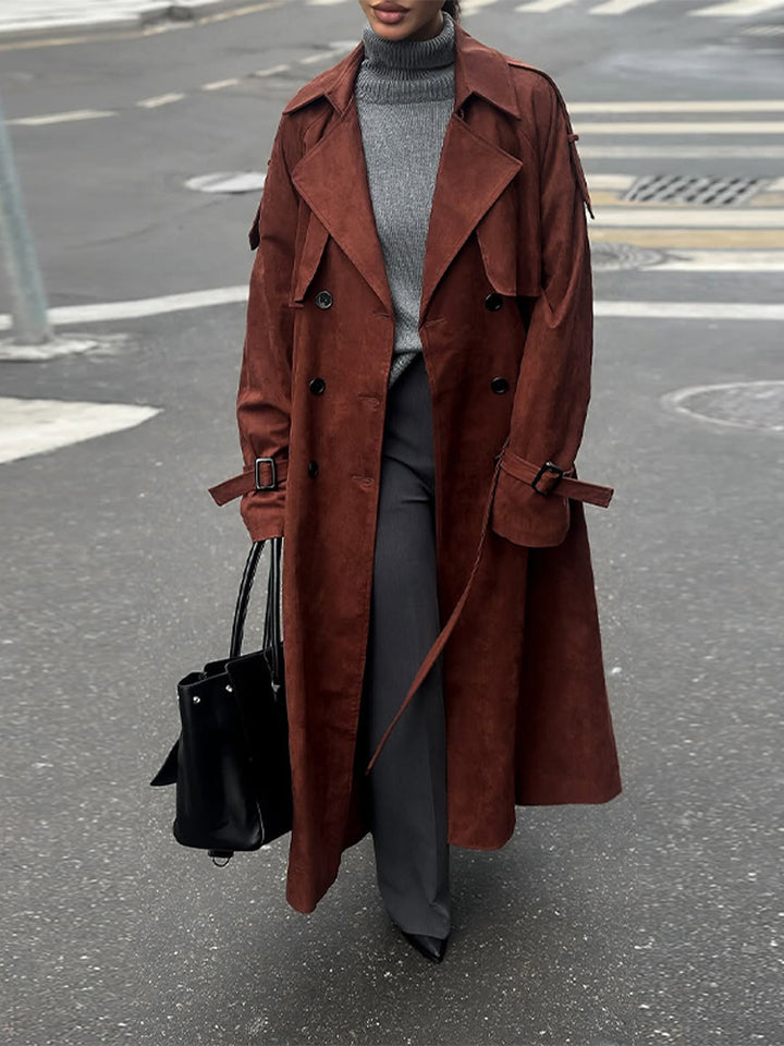 Damen langer Trenchcoat aus Veloursimitat mit doppelter Knopfleiste Echoarchiv