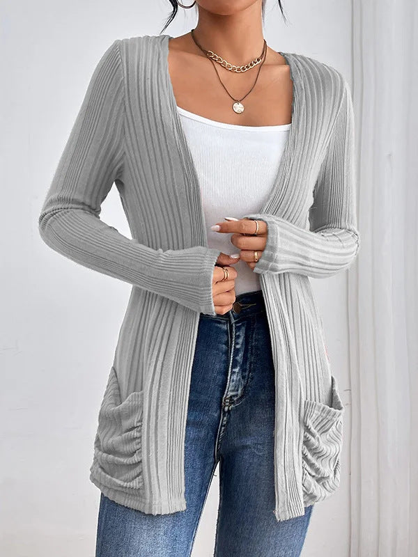 Damen Gerippter Langcardigan mit offener Front, Eingrifftaschen und legerer Passform – Veloura