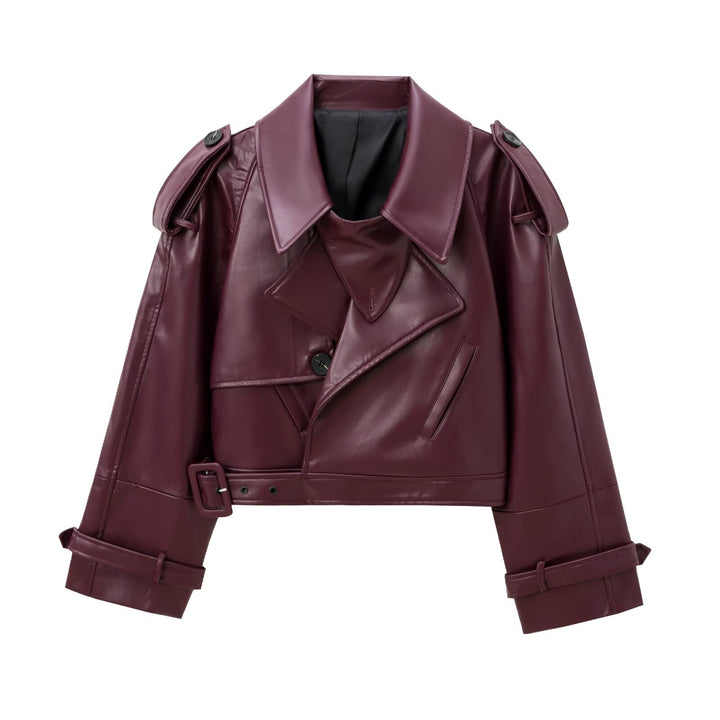 Damen Kurzer Trench-Mantel mit Taillengürtel und Schulterklappen aus veganem Leder Echoarchiv