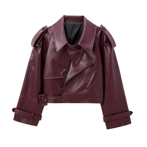 Damen Kurzer Trench-Mantel mit Taillengürtel und Schulterklappen aus veganem Leder Echoarchiv