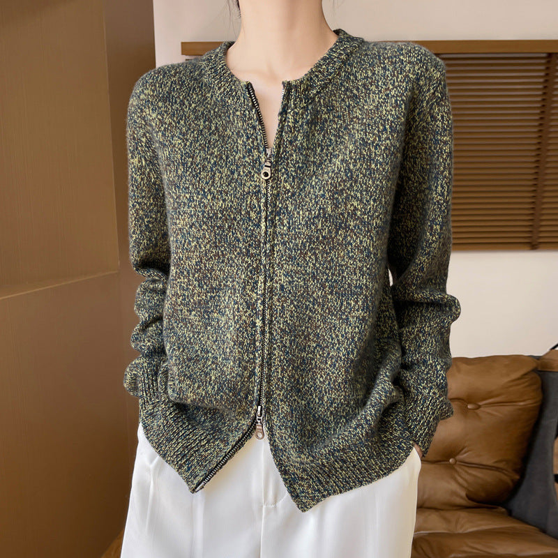 Damen Melierter Reißverschluss-Cardigan mit Zwei-Wege-Zipper und gerippten Bündchen Echoarchiv