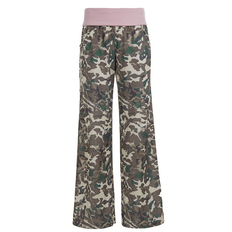 Damen nan weite Lounge-Hose mit Umschlagbund, Camouflage‑Muster und elastischem Komfortstretch Echo Archiv