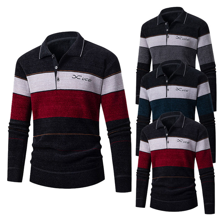 Herren Langarm Polohemd mit gestreiftem Design und Knopfleiste Echoarchiv
