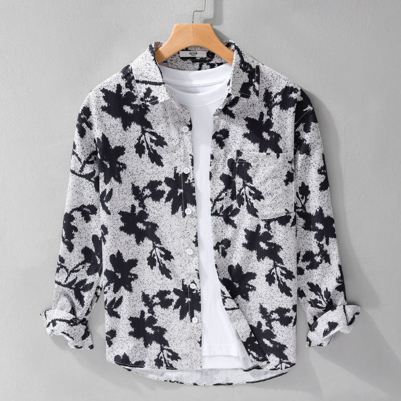 Herren Lockeres Baumwoll-Layering-Overshirt mit painterly Blumenallover und Brusttasche Echoarchiv