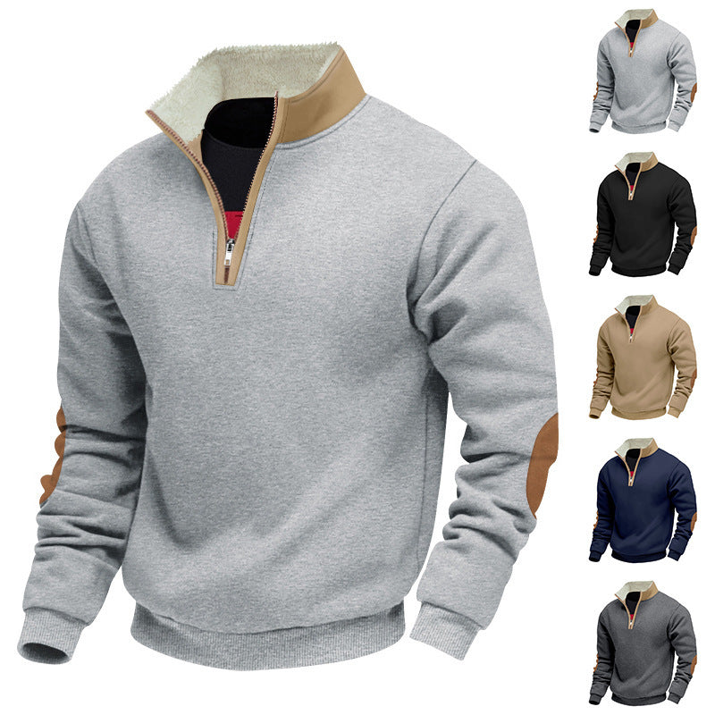 Herren modischer Fleecepullover mit Halb-Reißverschluss und kontrastierenden Ellenbogen-Patches Echoarchiv