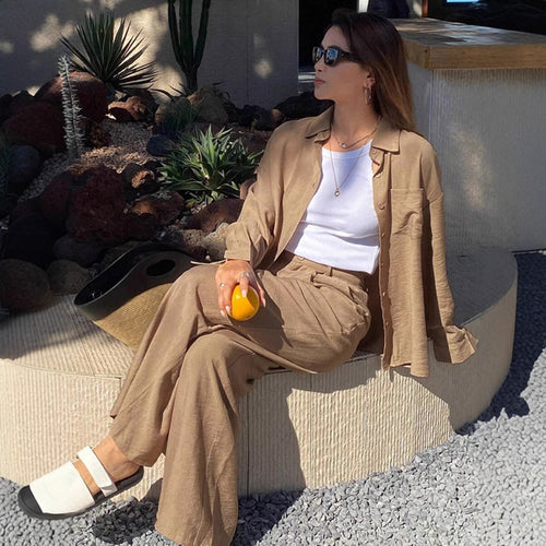 Damen nan entspanntes Leinen Lounge Set mit Oversize Hemd und Kordelbund Palazzohose Echo Archiv