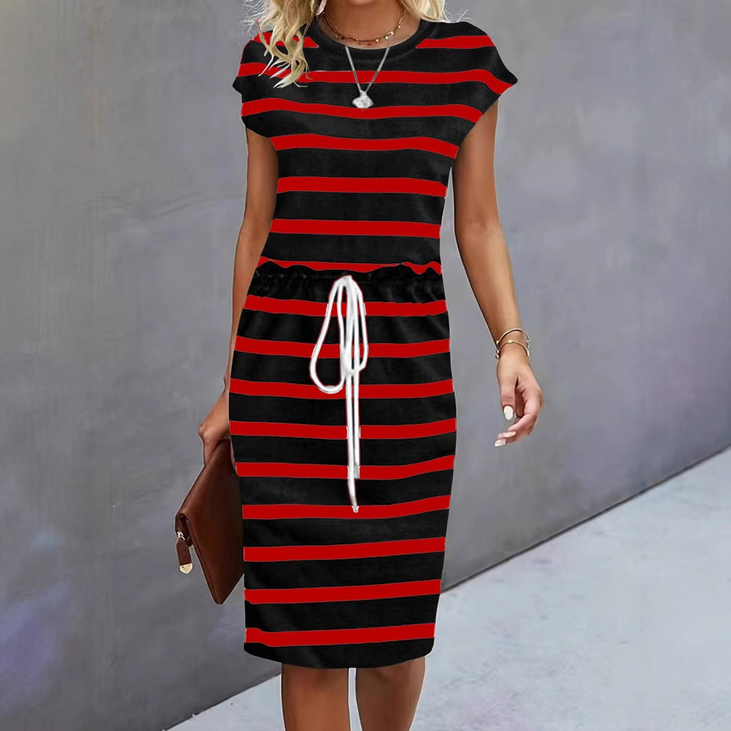Damen Freizeitleinenkleid mit bunten Streifen und verstellbarem Taillenzug Echo Archiv
