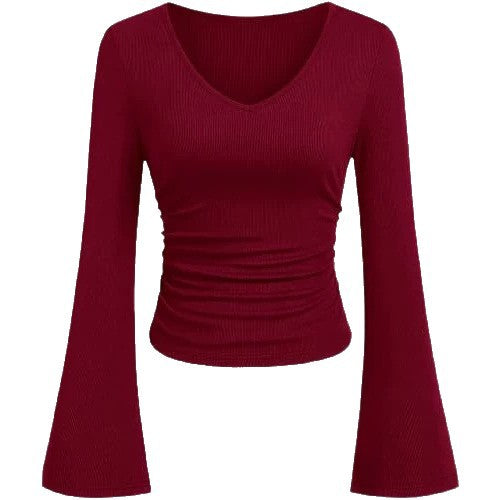 Damen Geripptes Cropped-Top mit V-Ausschnitt, taillierter Raffung und ausgestellten Trompetenärmeln – Orélia