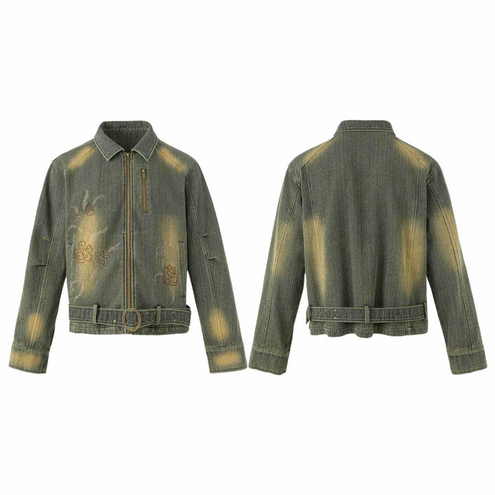 Damen Bestickte kurze Denim-Blousonjacke mit Taillengürtel und Reißverschluss Echoarchiv