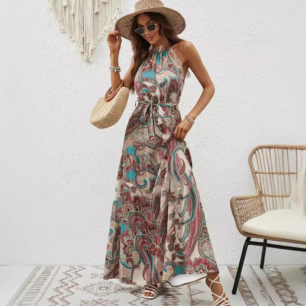 Damen Maxikleid Im Boho-Stil mit Elegantem Halterneck und Seitlichem Bindegürtel Echoarchiv