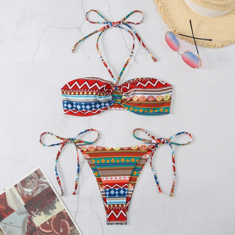 Damen Bandeau-Bikini mit verstellbaren Bindebändern und farbenfrohem Muster Echo Archiv