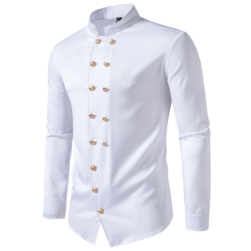 Herren elegantes Hemd mit modernem Stehkragen und goldenen Knöpfen Echoarchiv