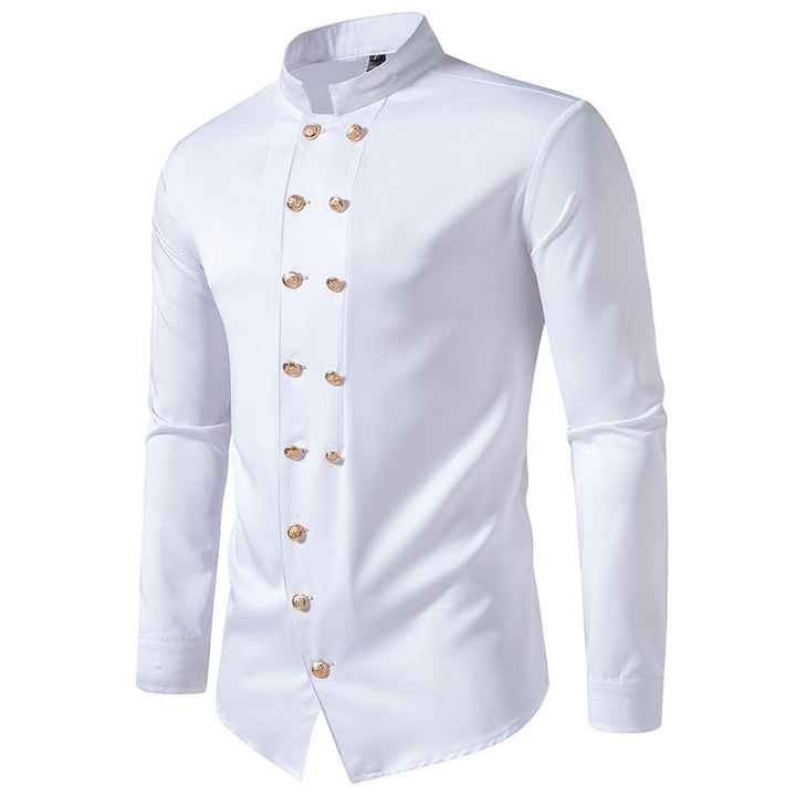 Herren elegantes Hemd mit modernem Stehkragen und goldenen Knöpfen Echoarchiv