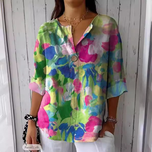 Damen Lose Blumenmuster Leinenlook Bluse Tunika mit V-Ausschnitt und Dreiviertelärmeln – Élovi