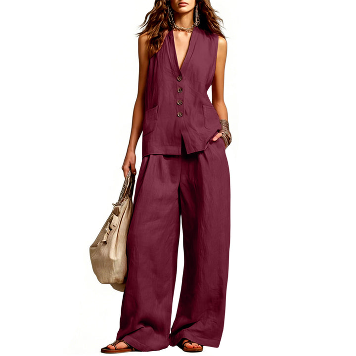 Damen Ärmelloses Longline-Westen und Palazzo-Hosen Set aus Leinenoptik – Célinea