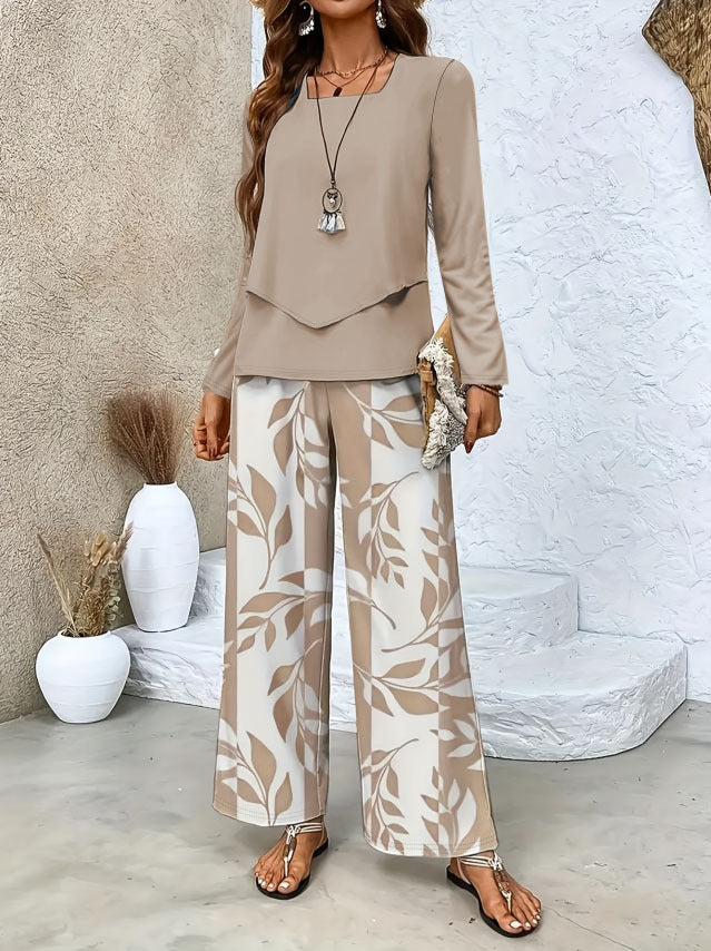 Damen Zweiteiliges Lounge-Set mit überlappendem Longsleeve und weiten Palazzo‑Hosen Echoarchiv