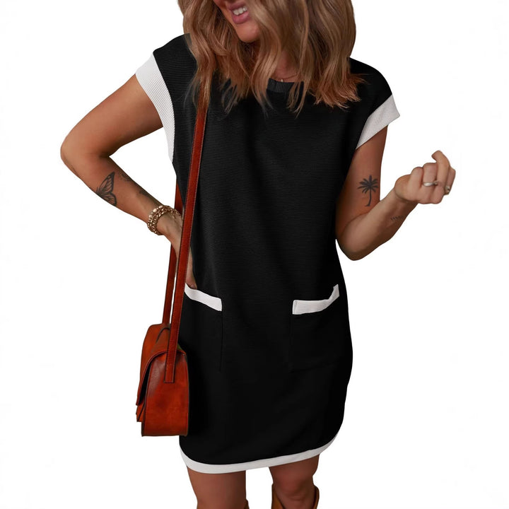 Damen Ärmelloses A-Linien-Shiftkleid mit Kontrastkanten, aufgesetzten Taschen und strukturierter Rippoptik – Lunéa