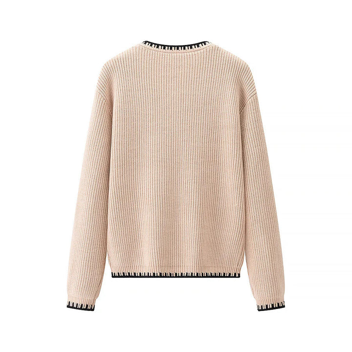 Damen gerippte Strickjacke mit Rundhals, kontrastierender Paspel und durchgehender Knopfleiste – Veloura