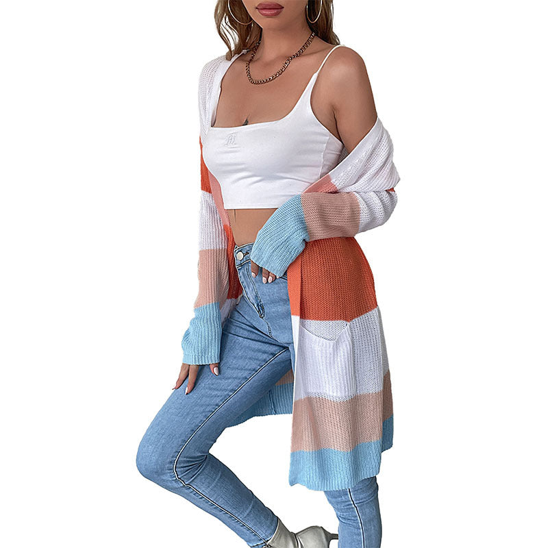 Damen Longline Feinstrick-Cardigan mit bunten Blockstreifen und seitlichen Eingrifftaschen Echoarchiv