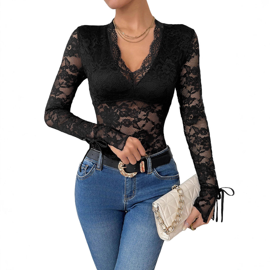Damen Figurbetonter Spitzen-Body mit V-Ausschnitt, transparenter Blumen-Spitze und Ärmelbindern Echoarchiv