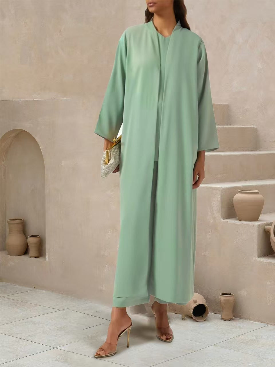 Damen Fließender Maxi-Kaftan-Mantel mit offenem Vorderteil und minimalistischem Stehkragen – Valéora