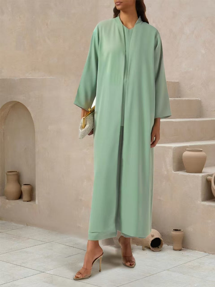 Damen Fließender Maxi-Kaftan-Mantel mit offenem Vorderteil und minimalistischem Stehkragen – Valéora
