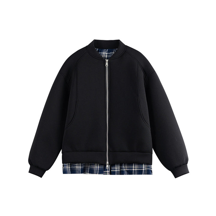 Damen Zwei‑in‑Eins Bomber‑Sweatjacke mit Karo‑Layer‑Einsatz und Stehkragen Echoarchiv