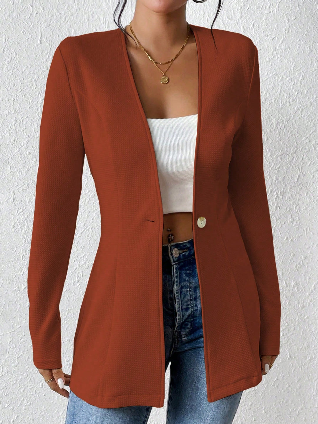 Damen Taillierter kragenloser Longblazer mit Ein-Knopf-Verschluss Echo Archiv