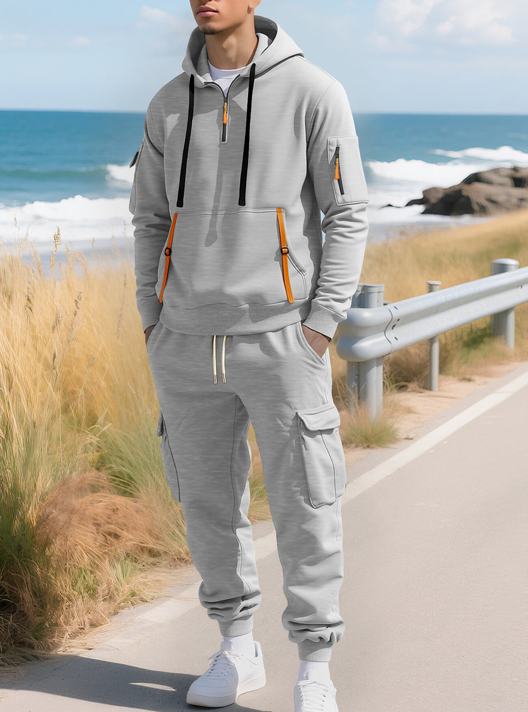 Herren nan lässiger Halbzip Hoodie mit Kängurutasche und Cargo Jogginghose mit Reißverschlussdetails Echo Archiv