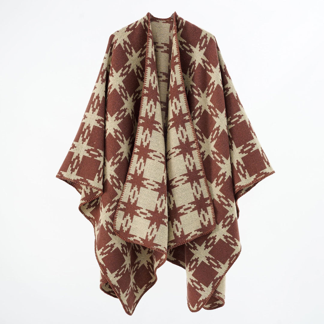 Damen Oversize-Jacquard-Cape mit Sternmotiv und kontrastierter Kettelkante Echo Archiv