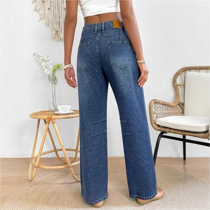 Damen nan High-Waist weite Denim-Hose mit ausgestelltem Bein und tonalen Knie-Abnähern Echo Archiv