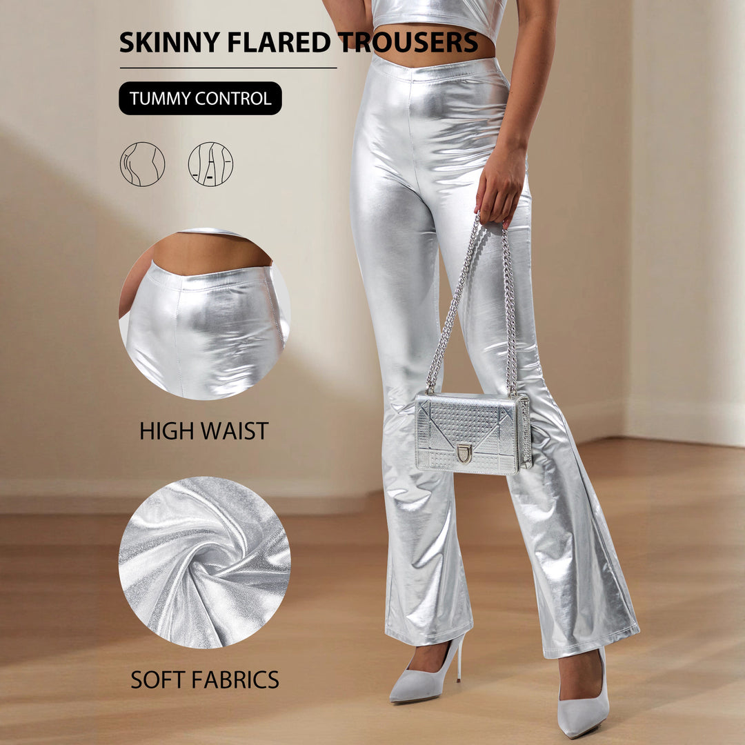 Damen High-Waist Metallic-Schlaghose mit formendem Stretchbund und eleganter Bootcut-Passform echoarchiv-