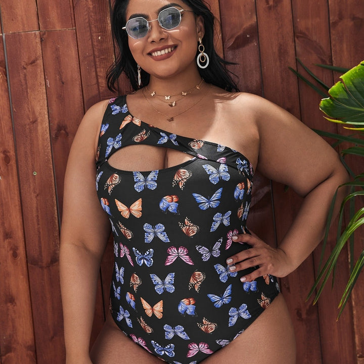 Damen Einseitiger Cut-Out Badeanzug mit floralen Schmetterlingsmotiven Echo Archiv