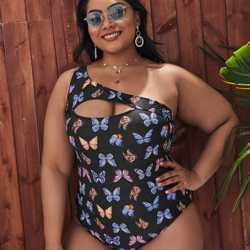 Damen Einseitiger Cut-Out Badeanzug mit floralen Schmetterlingsmotiven Echo Archiv