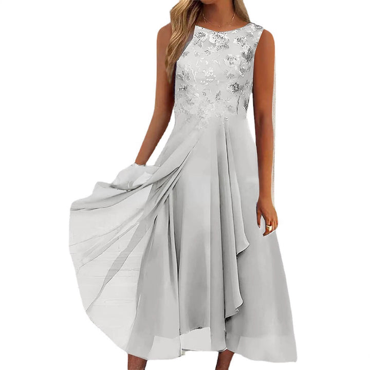 Damen nan ärmelloses Chiffon-Midikleid mit bestickter Brustpartie und asymmetrischem Lagenrock Echoarchiv