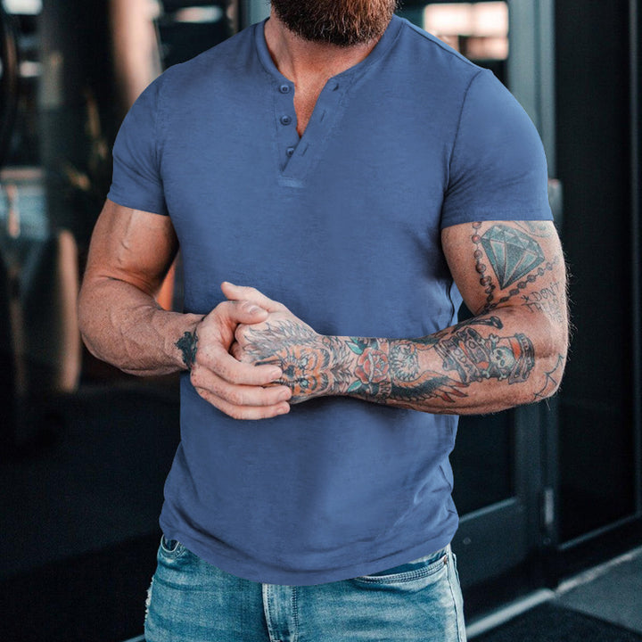 Herren Kurzarm-Henley-T-Shirt mit modischem Kragen und praktischem Knopfdesign Echoarchiv