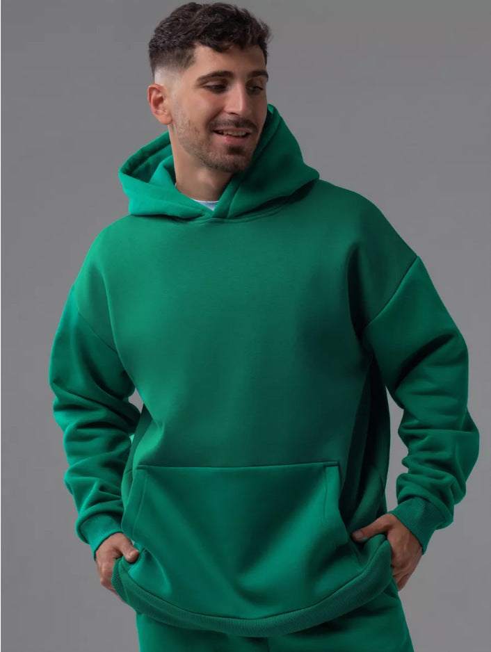 Herren schwerer Fleece-Boxy-Hoodie mit tiefem Schulterfall verstärkter Kapuze und Kängurutasche – Cavarno