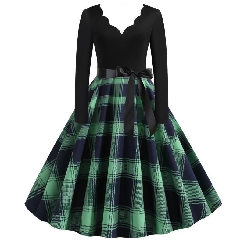 Damen Retro‑Swingkleid mit gezacktem Herzausschnitt, tailliertem Langarmoberteil und karierter Tellerrock – Élara
