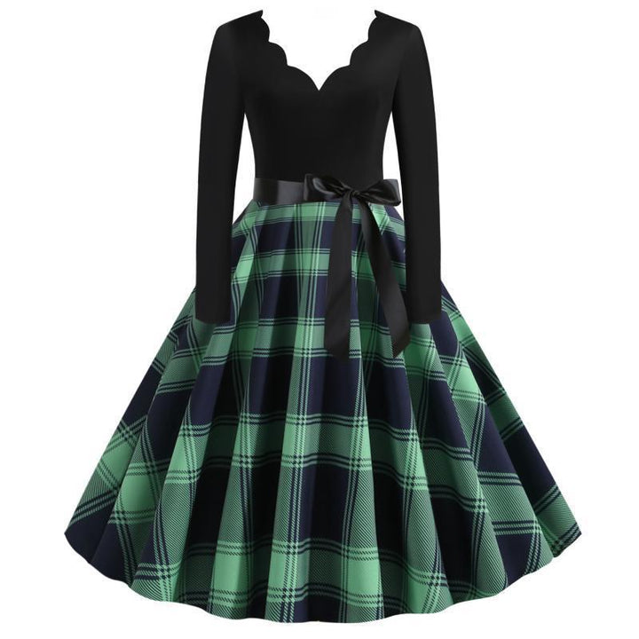 Damen Retro‑Swingkleid mit gezacktem Herzausschnitt, tailliertem Langarmoberteil und karierter Tellerrock – Élara