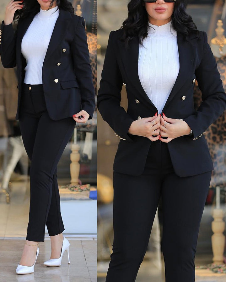 Damen Figurbetonter Zweireiher-Blazer mit schlanker High‑Waist Zigarettenhose – Valéne