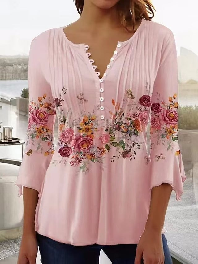 Damen nan luftige Tunika-Bluse mit Aquarell-Blumenbordüre, Kellerfalten und Dreiviertelärmeln Echo Archiv