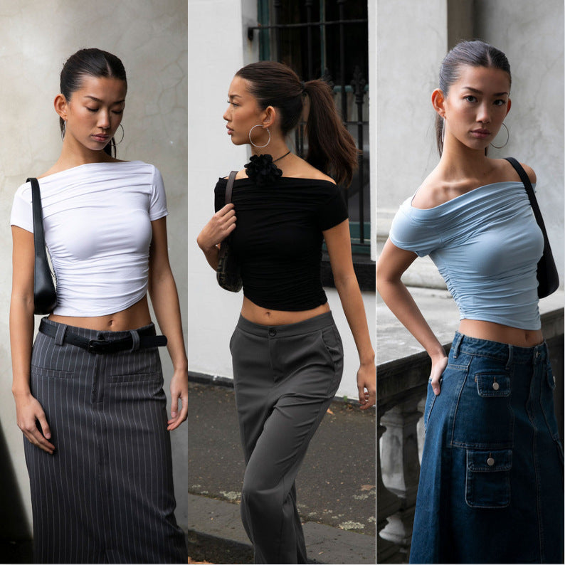 Damen figurbetontes Oberteil mit Off-Shoulder Design und Raffung Echo Archiv