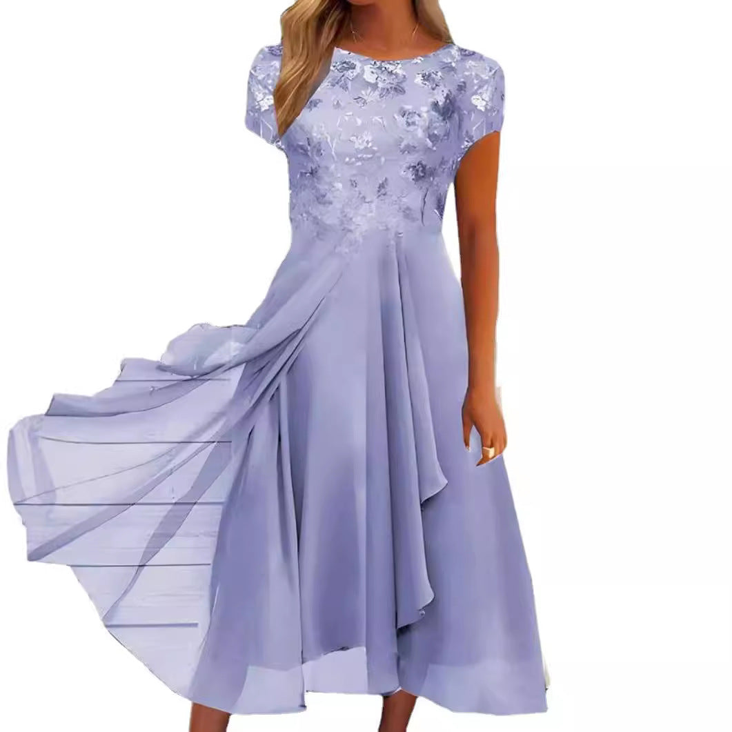 Damen nan elegantes Chiffon-Midikleid mit floraler Spitzenapplikation und fließendem Tellerrock Echoarchiv