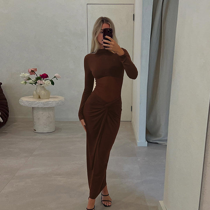 Damen elegantes Stretch-Maxikleid mit Twist‑Drapé und figurformendem Oberteil – Avérine