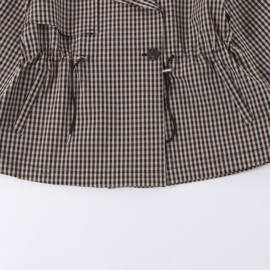 Damen Kurze Karo-Trenchjacke mit Tunnelzug-Taille und weitem Revers Echoarchiv